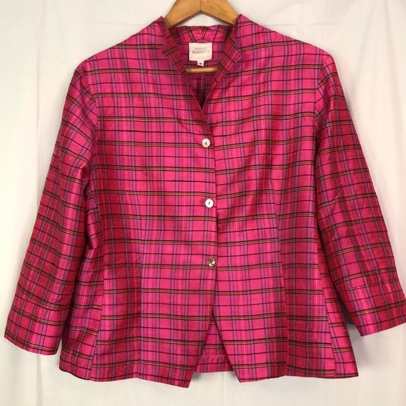 LINDA BERTOZZI PINK PLAID SILK DUPIONI GIDGET BLOUSE SIZE 4 - Picture 3 of 11